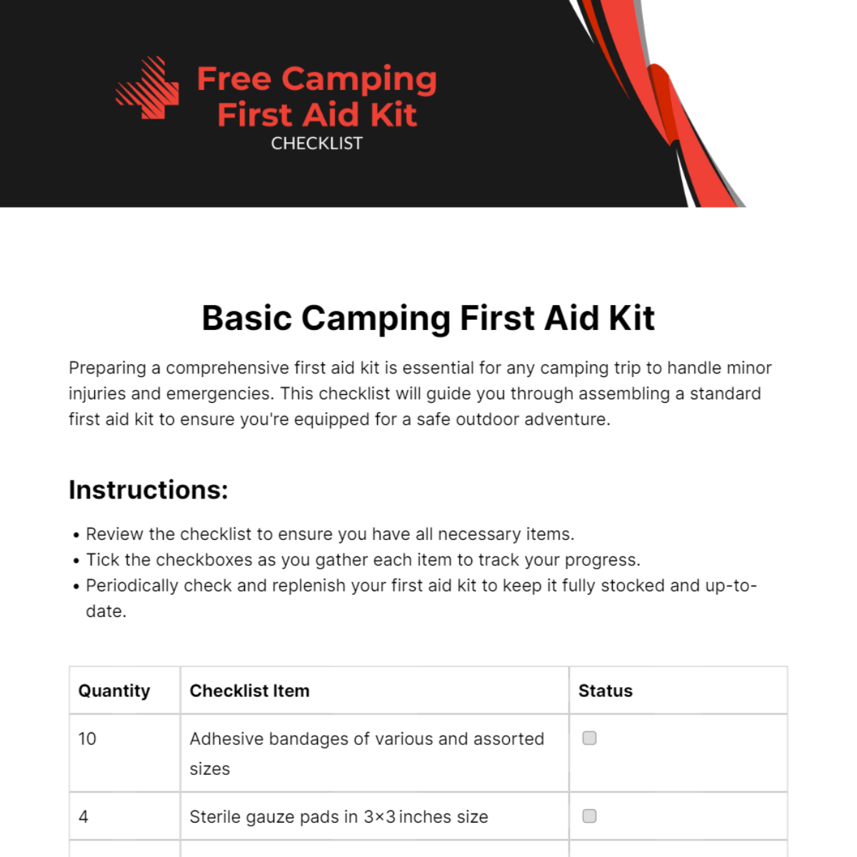 Free Camping First Aid Kit Checklist Template