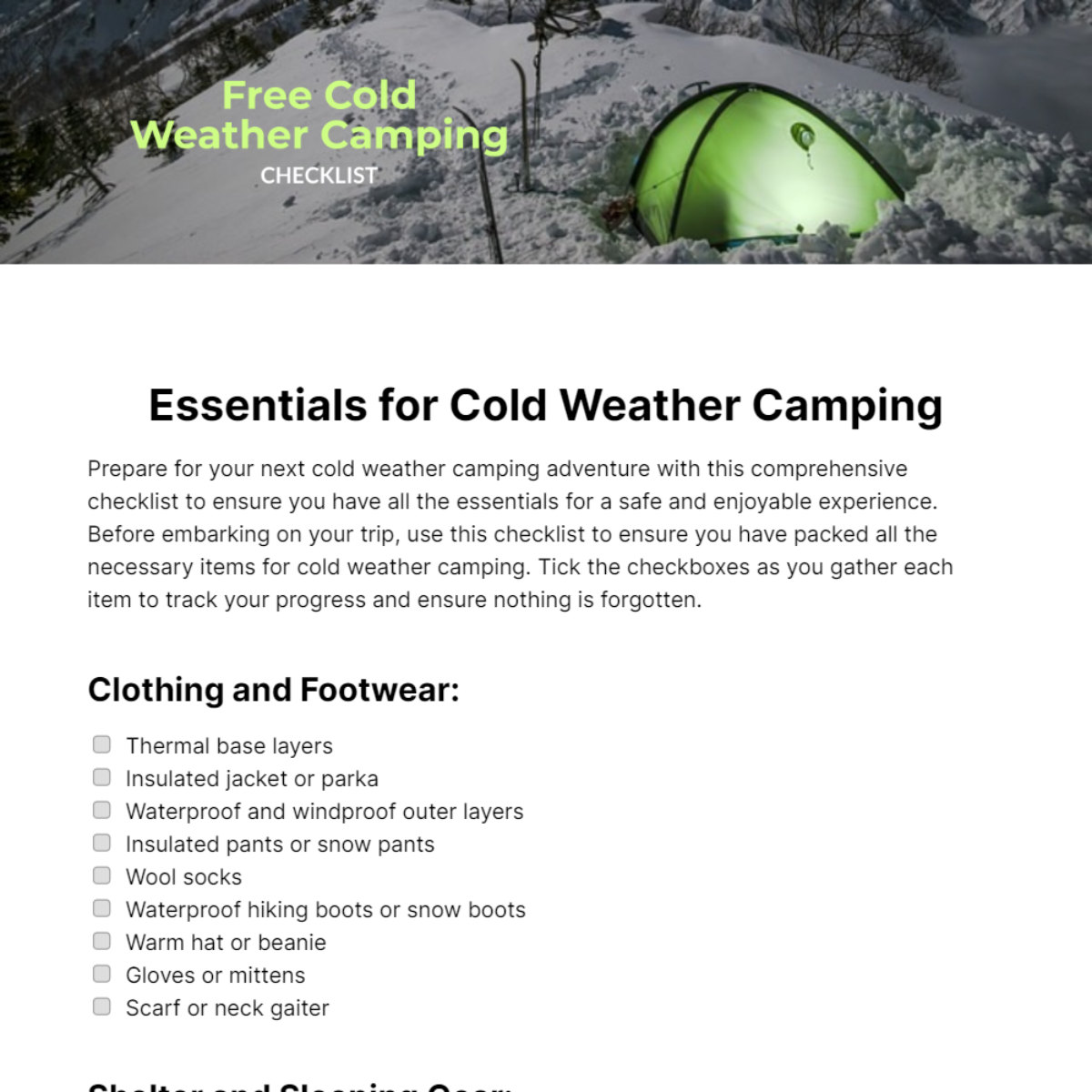 Free Cold Weather Camping Checklist Template