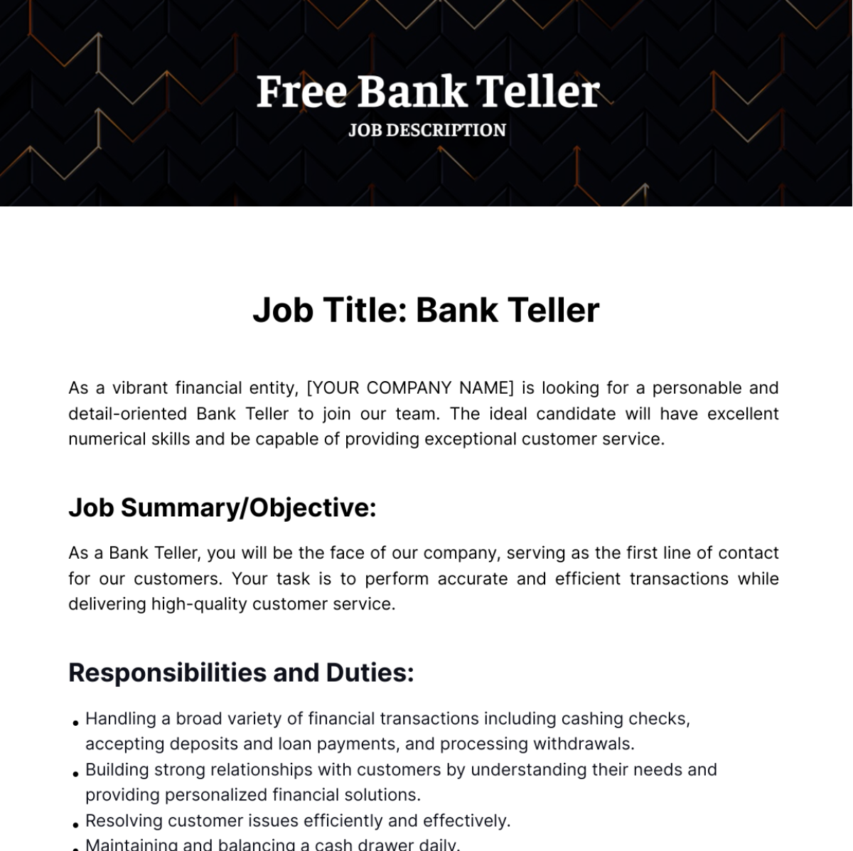 Free Bank Teller Job Description Template