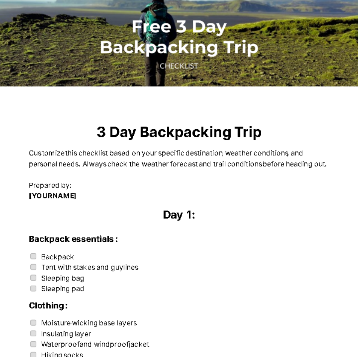 Free 3 Day Backpacking Trip Checklist Template