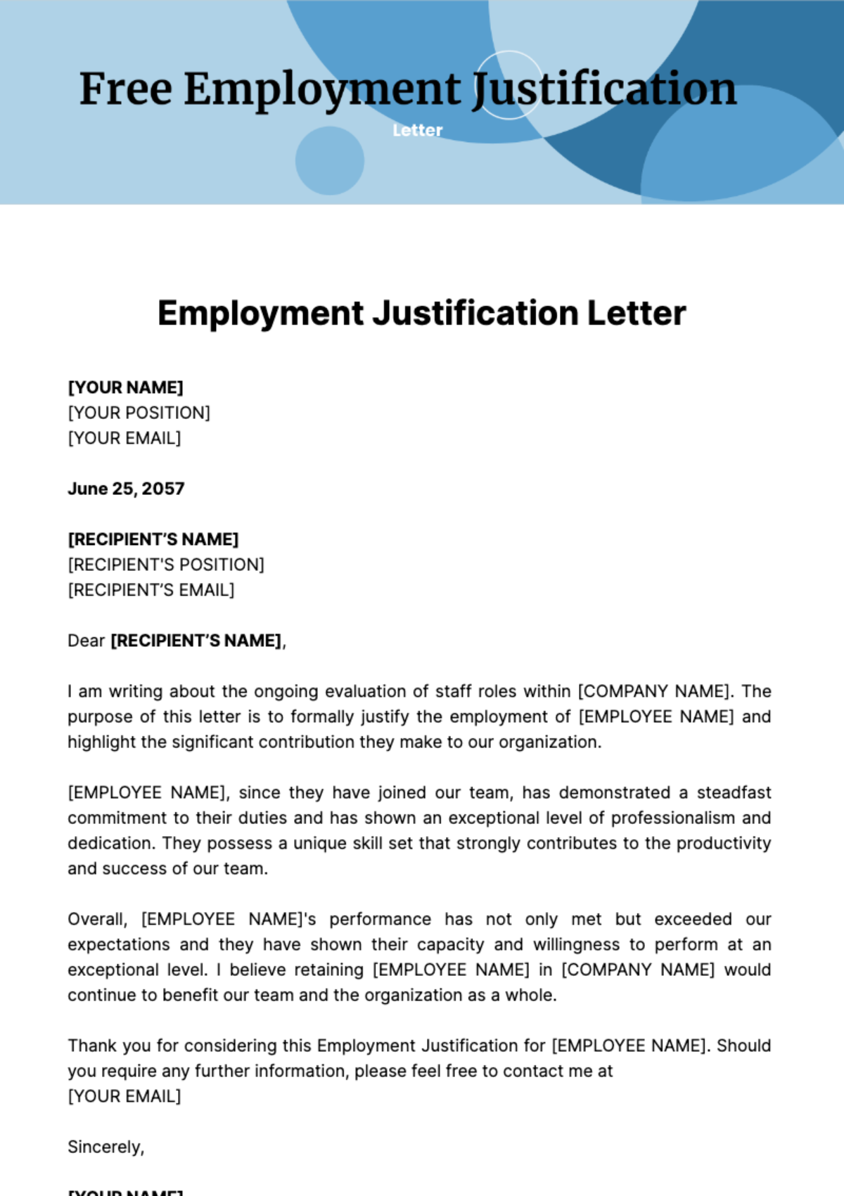 Free Employment Justification Letter Template