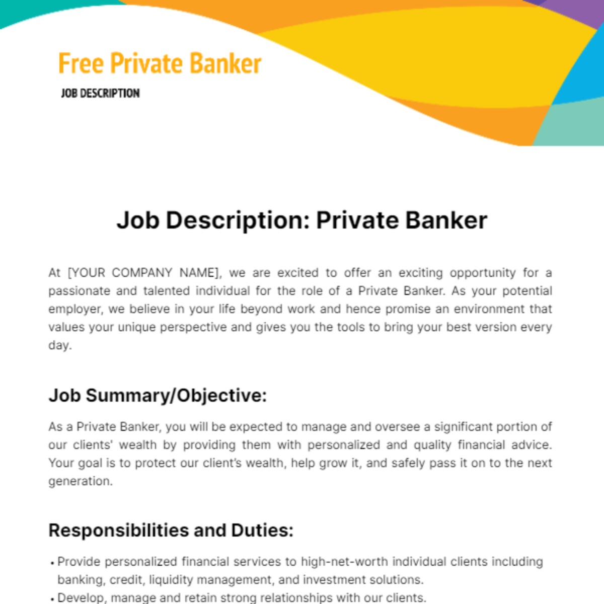 Free Private Banker Job Description Template