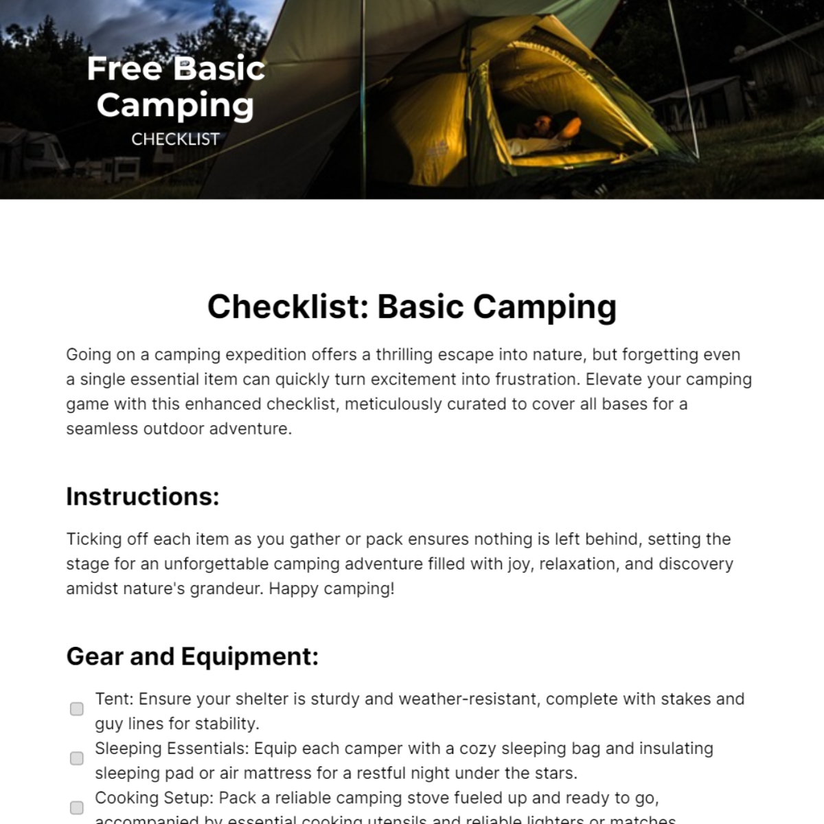 Free Basic Camping Checklist Template