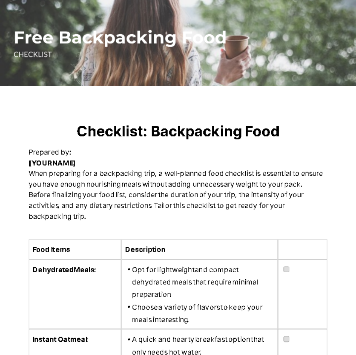 Backpacking Food Checklist Template