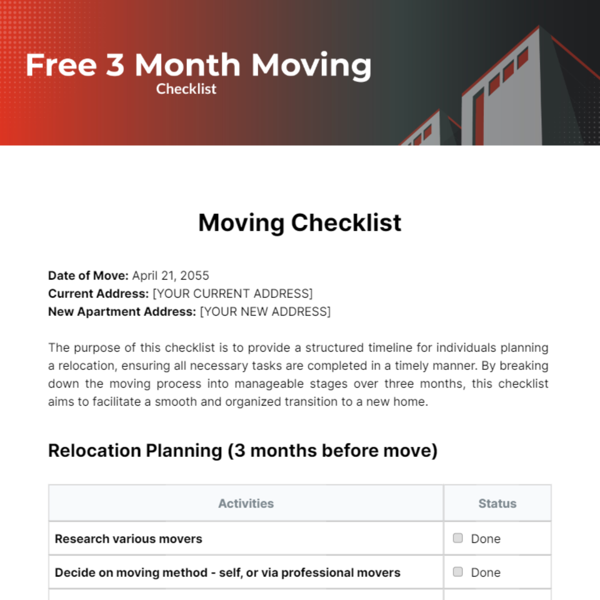Free 3 Month Moving Checklist Template