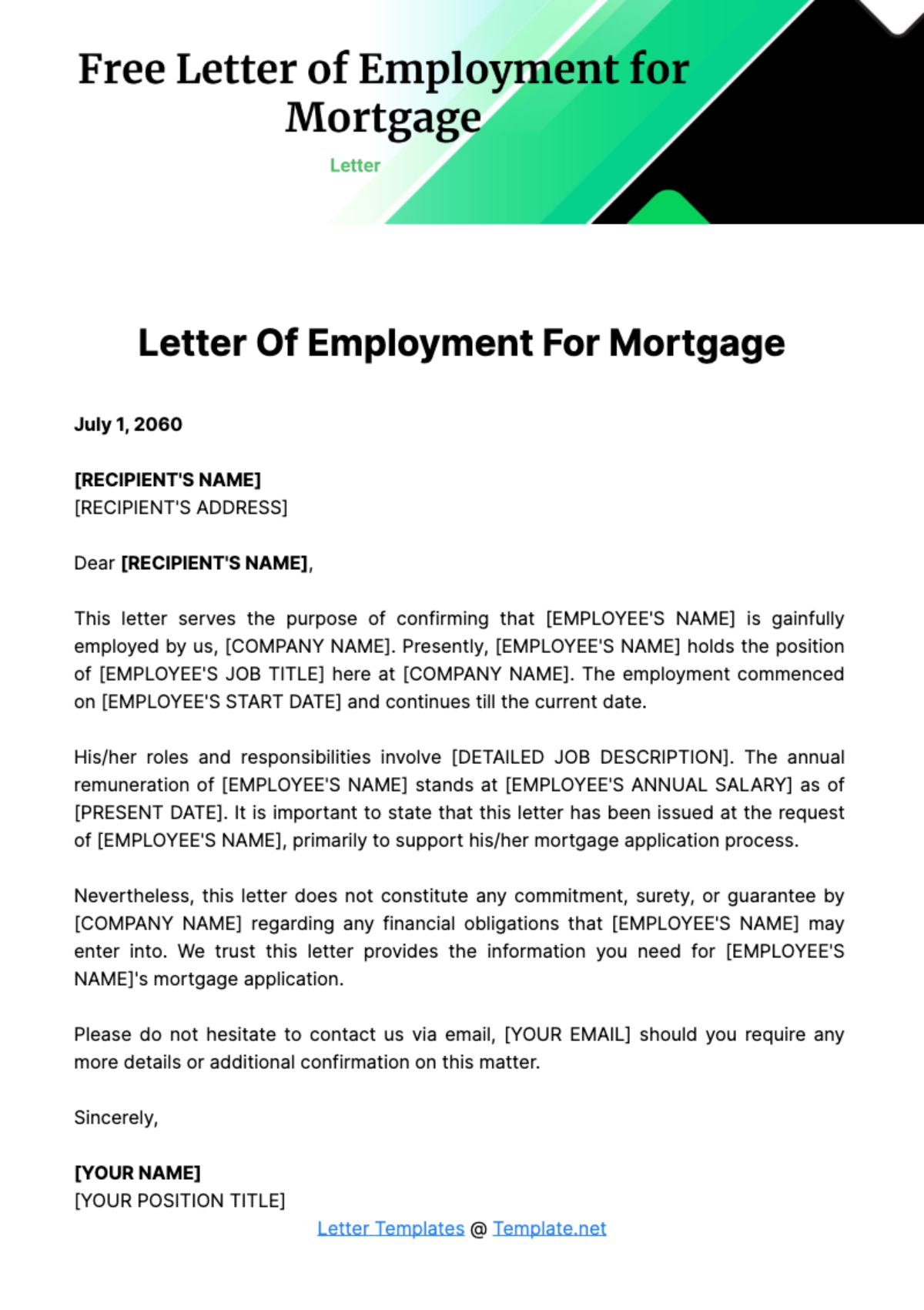 Free Letter of Employment for Mortgage Template