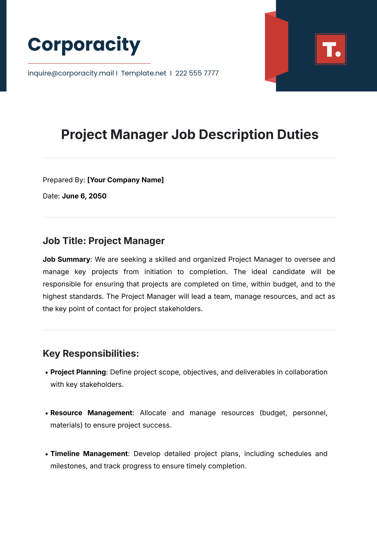 Project Manager Job Description Duties Template - Edit Online & Download