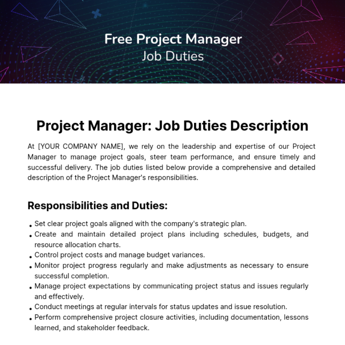 Project Manager Job Duties Template