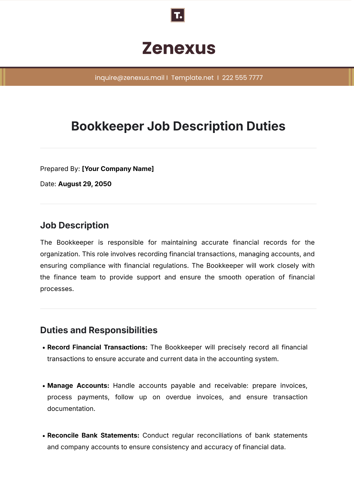 Bookkeeper Job Description Duties Template - Edit Online & Download