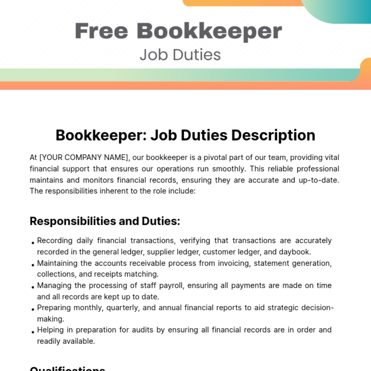 Free Bookkeeper Job Duties Template