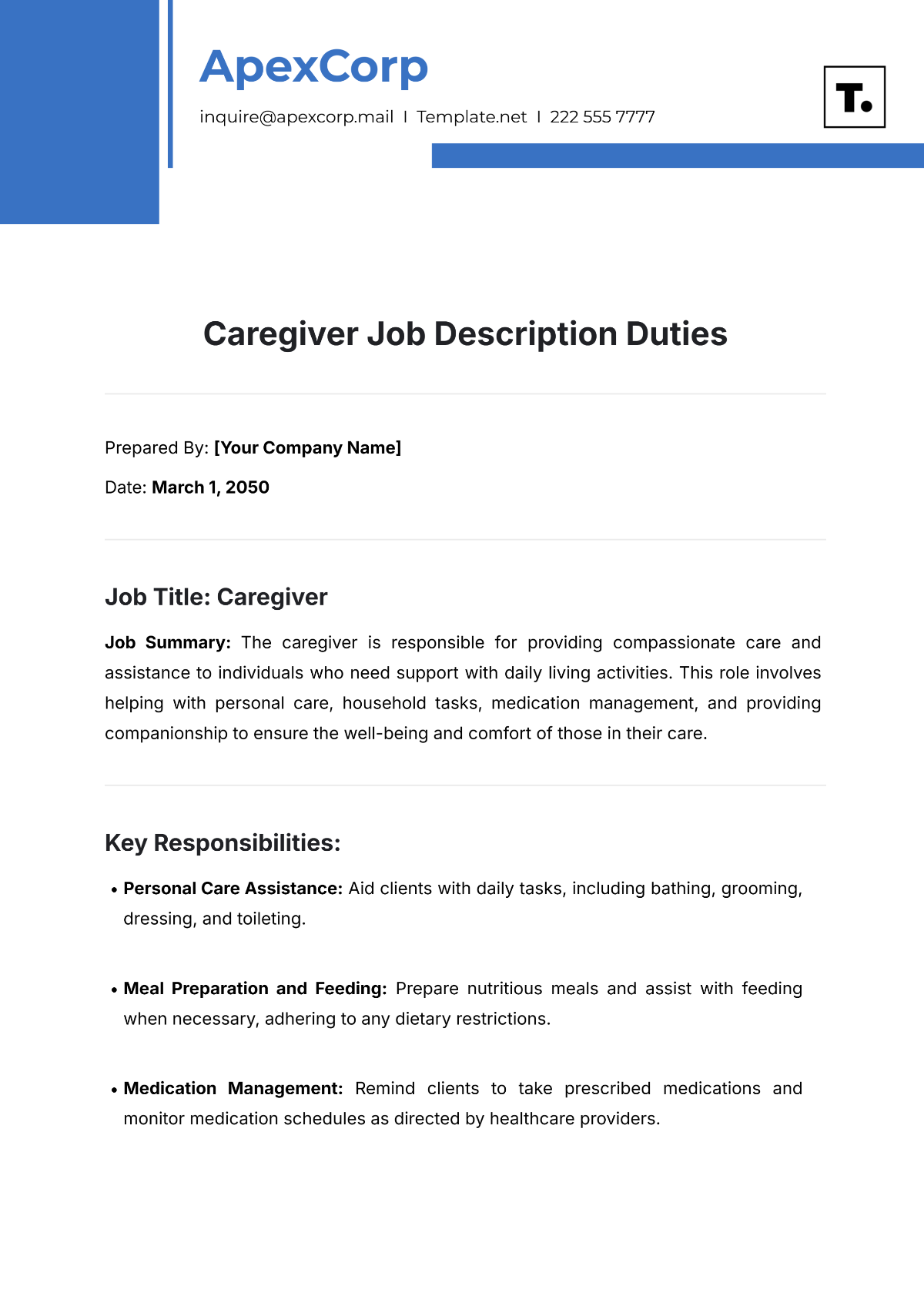 Caregiver Job Description Duties Template - Edit Online & Download