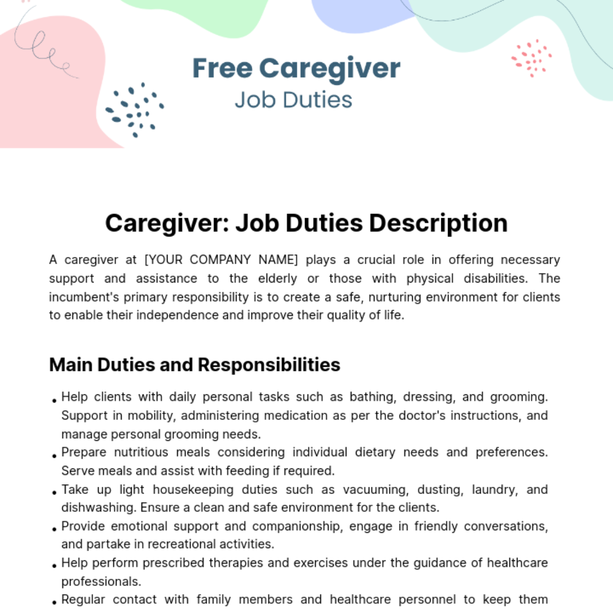 Caregiver Job Duties Template