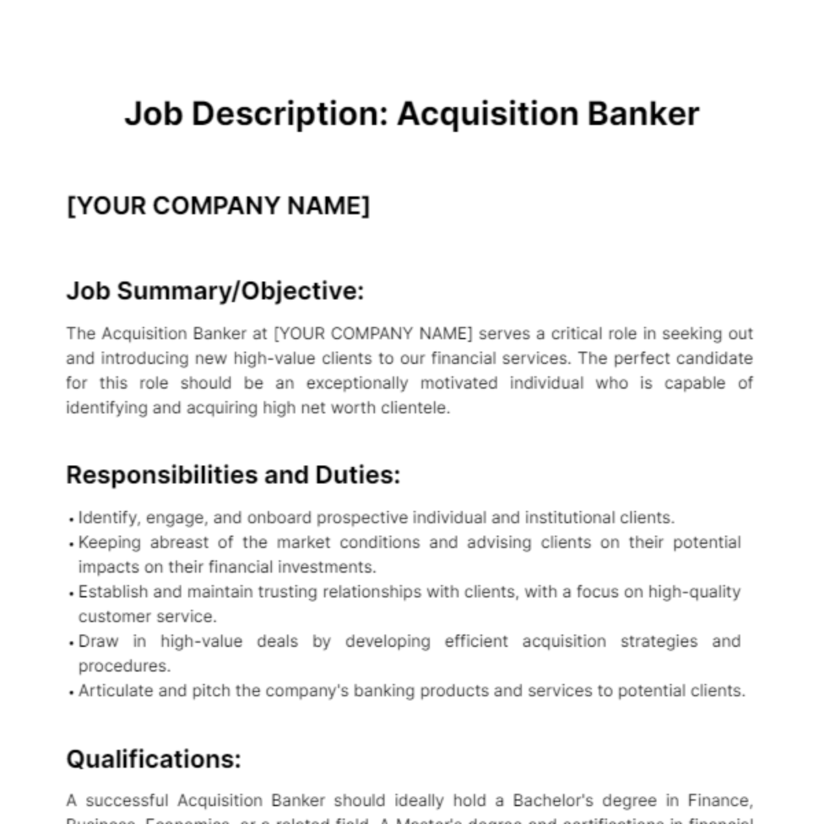 Free Acquisition Banker Job Description Template