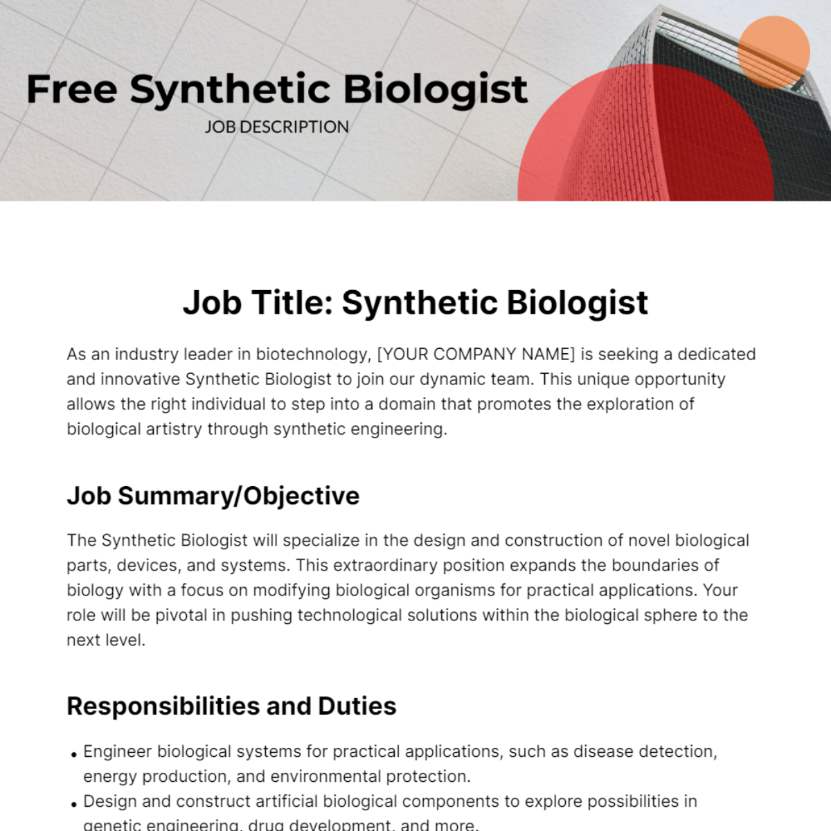Synthetic Biologist Job Description Template