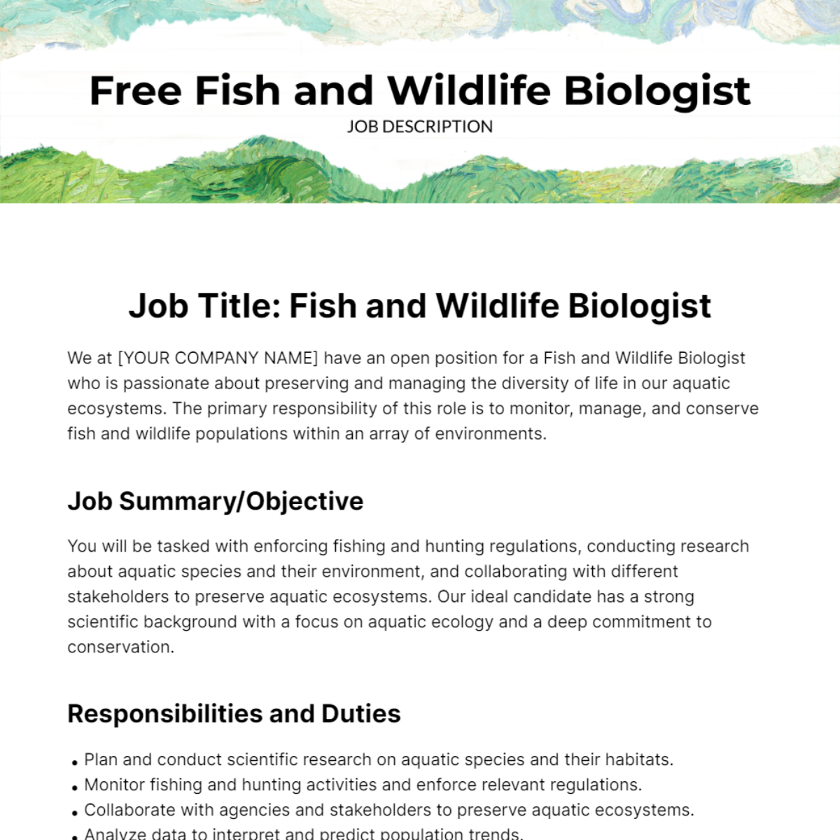 Free Fish and Wildlife Biologist Job Description Template