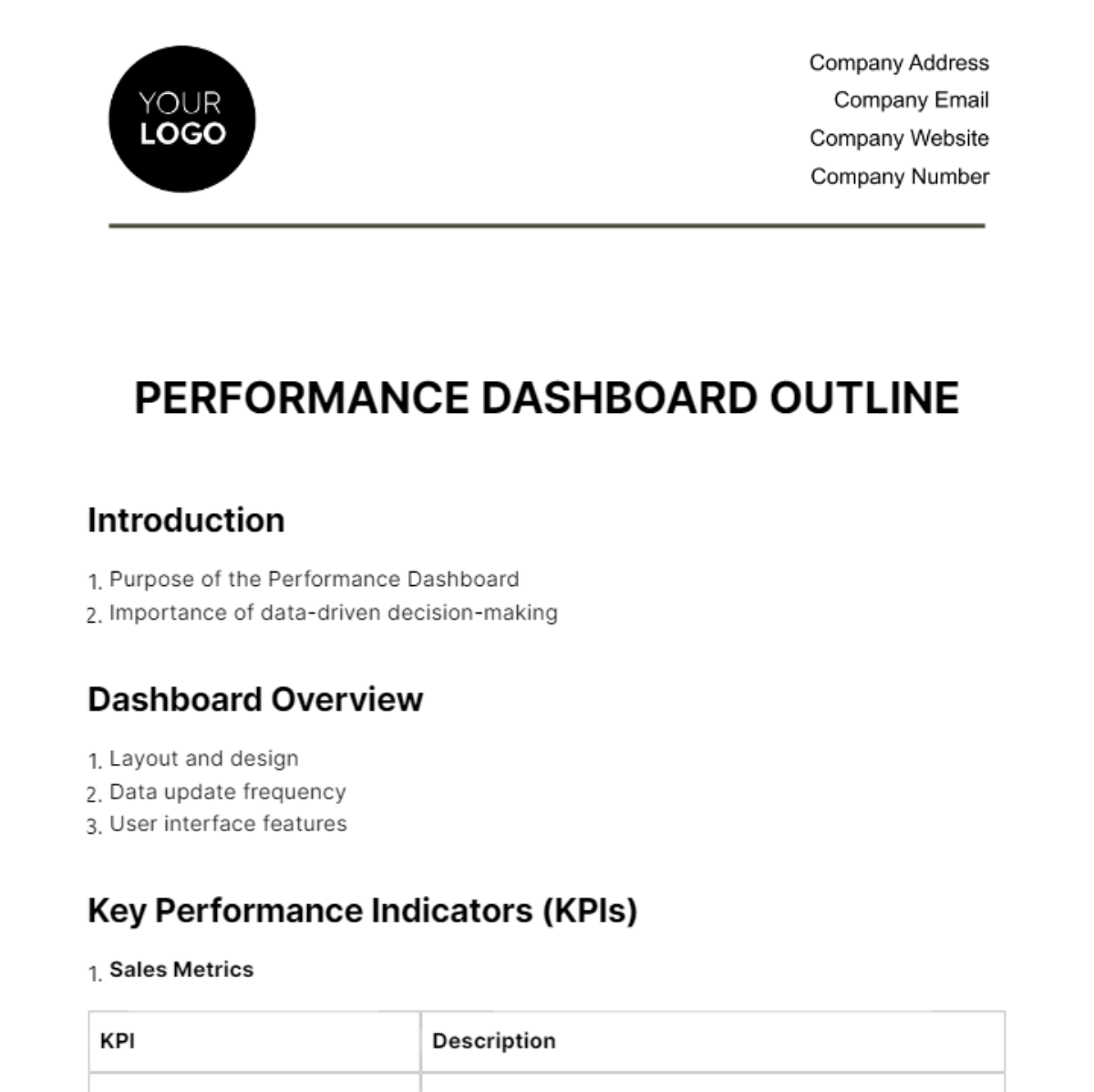 Performance Dashboard Outline HR Template