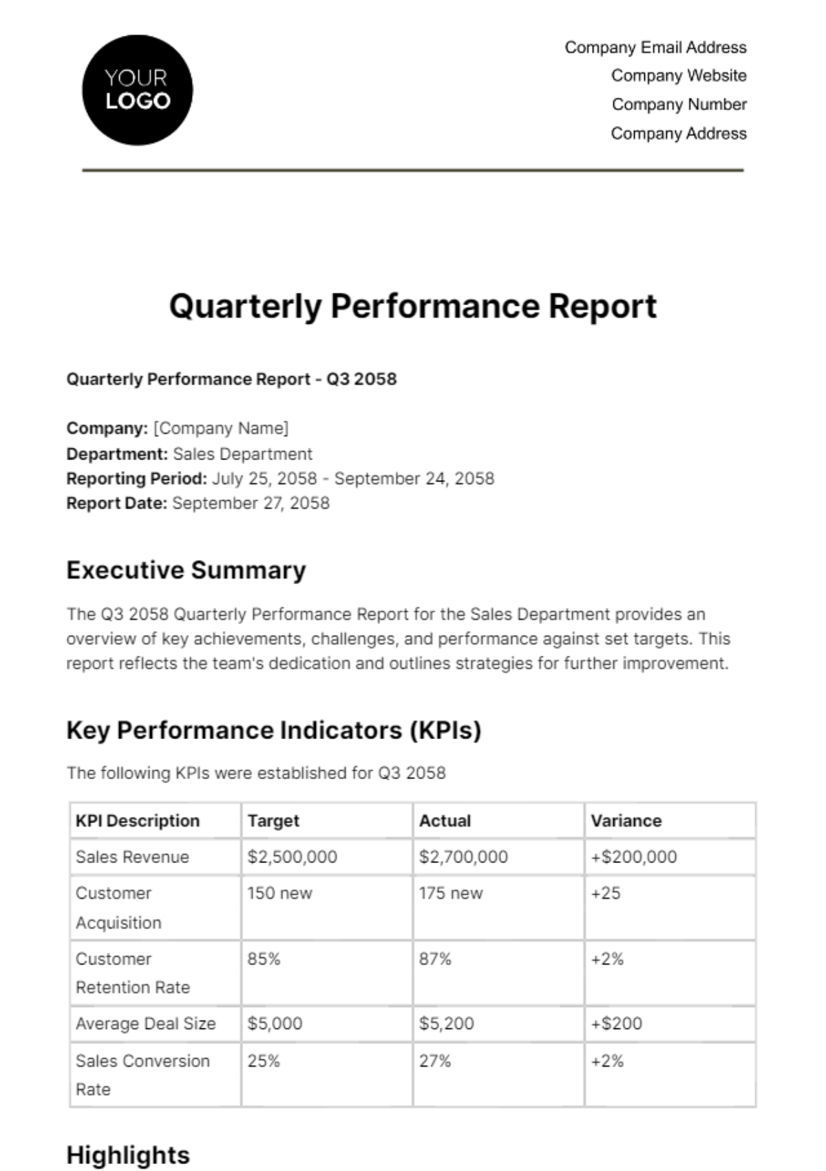 Quarterly Performance Report HR Template