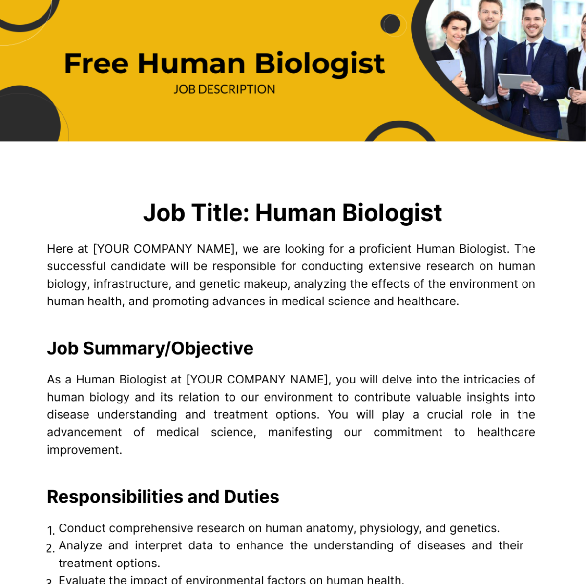 Free Human Biologist Job Description Template