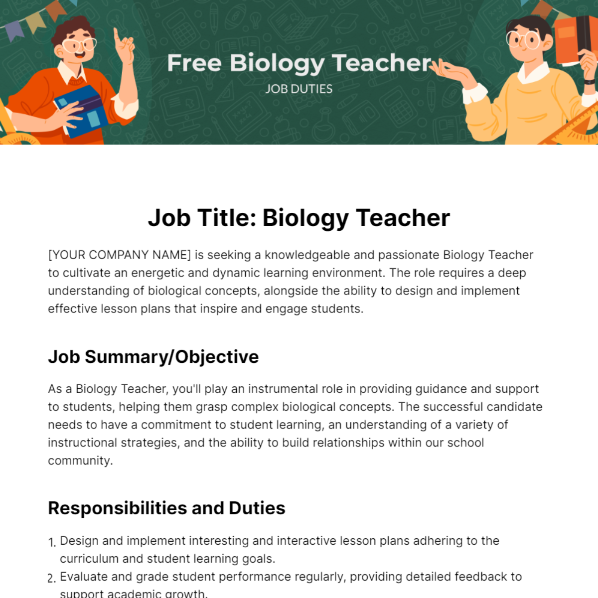 Free Biology Teacher Job Duties Template