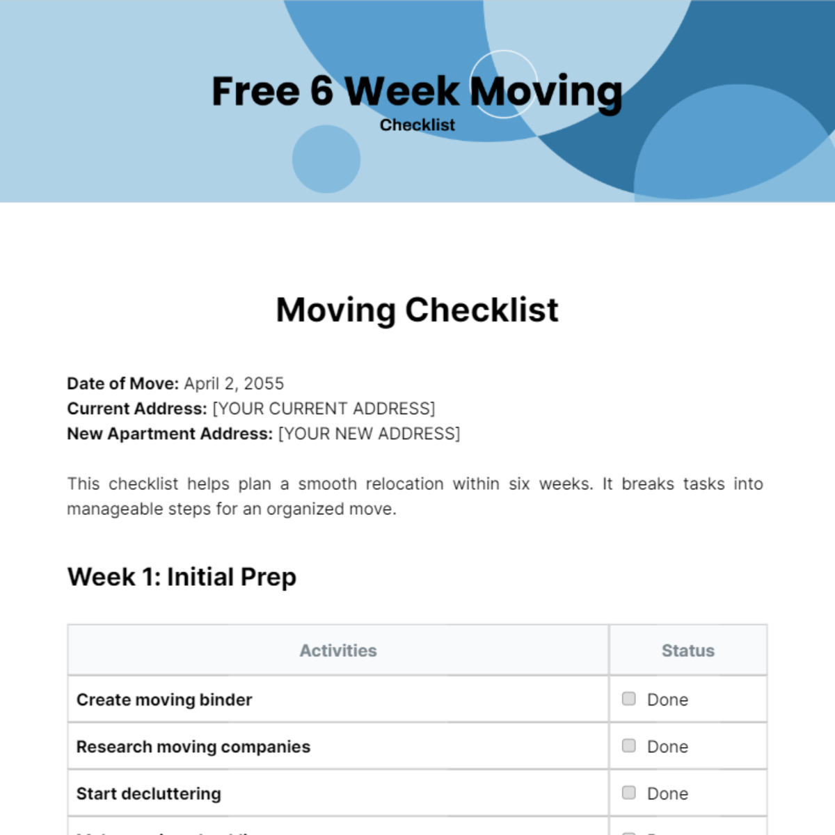 Free 6 Week Moving Checklist Template