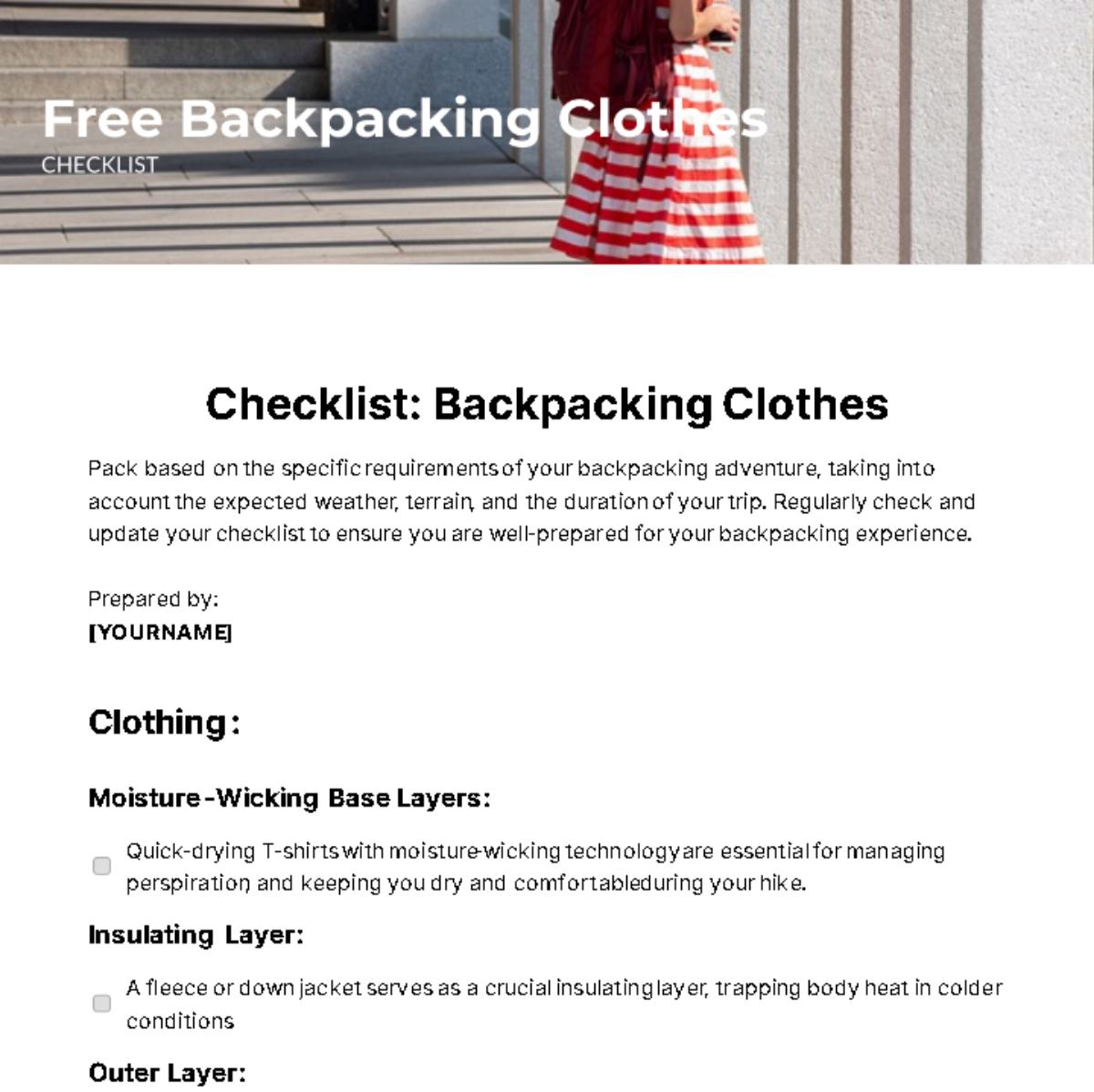 Free Backpacking Clothes Checklist Template