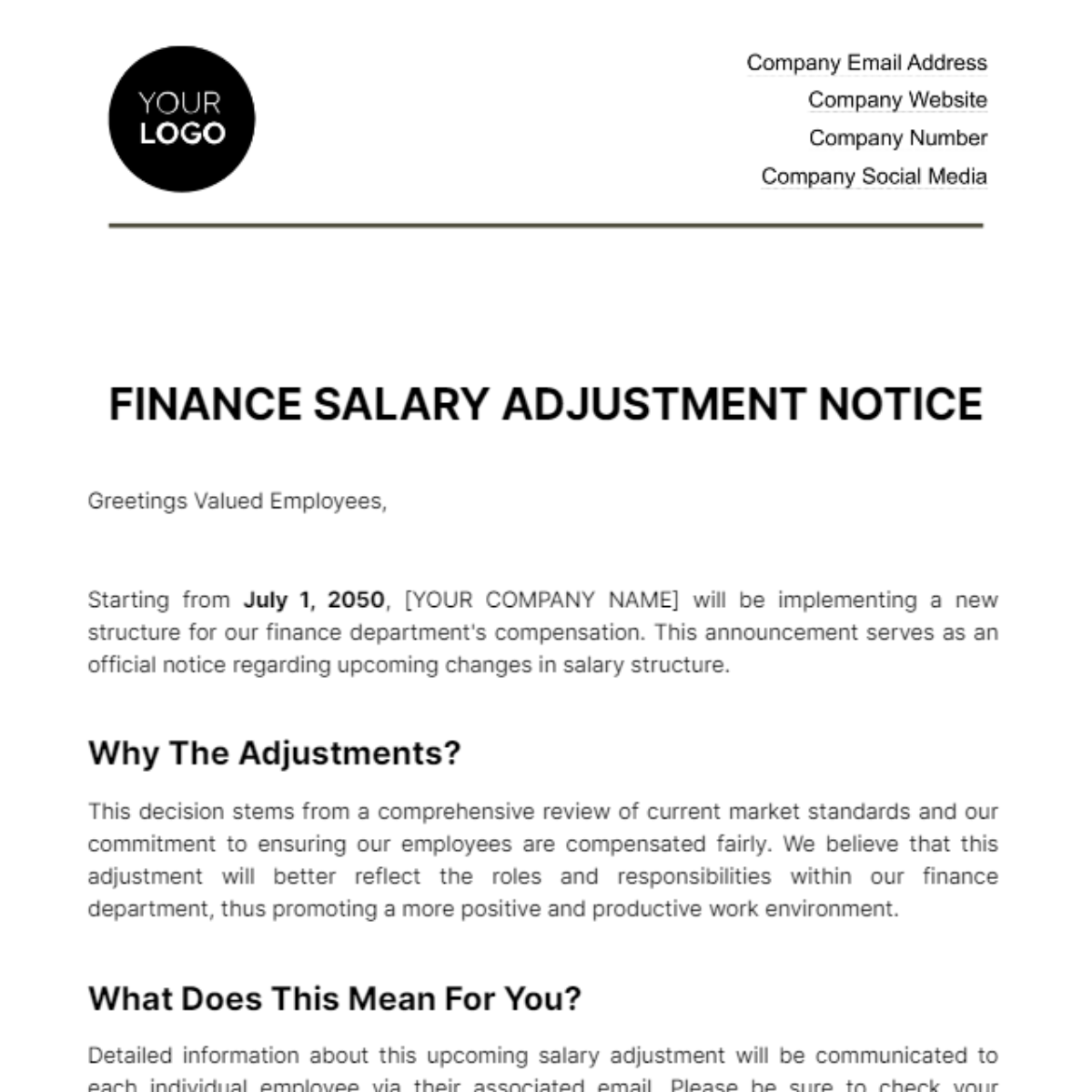 Finance Salary Adjustment Notice Template