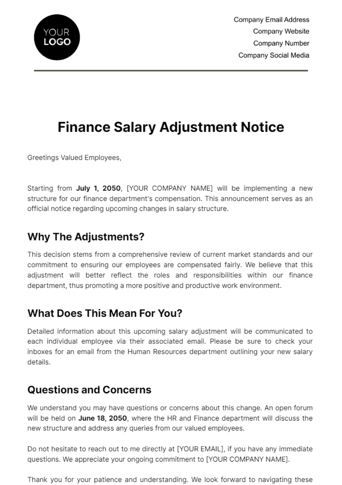 Free Finance Salary Adjustment Notice Template