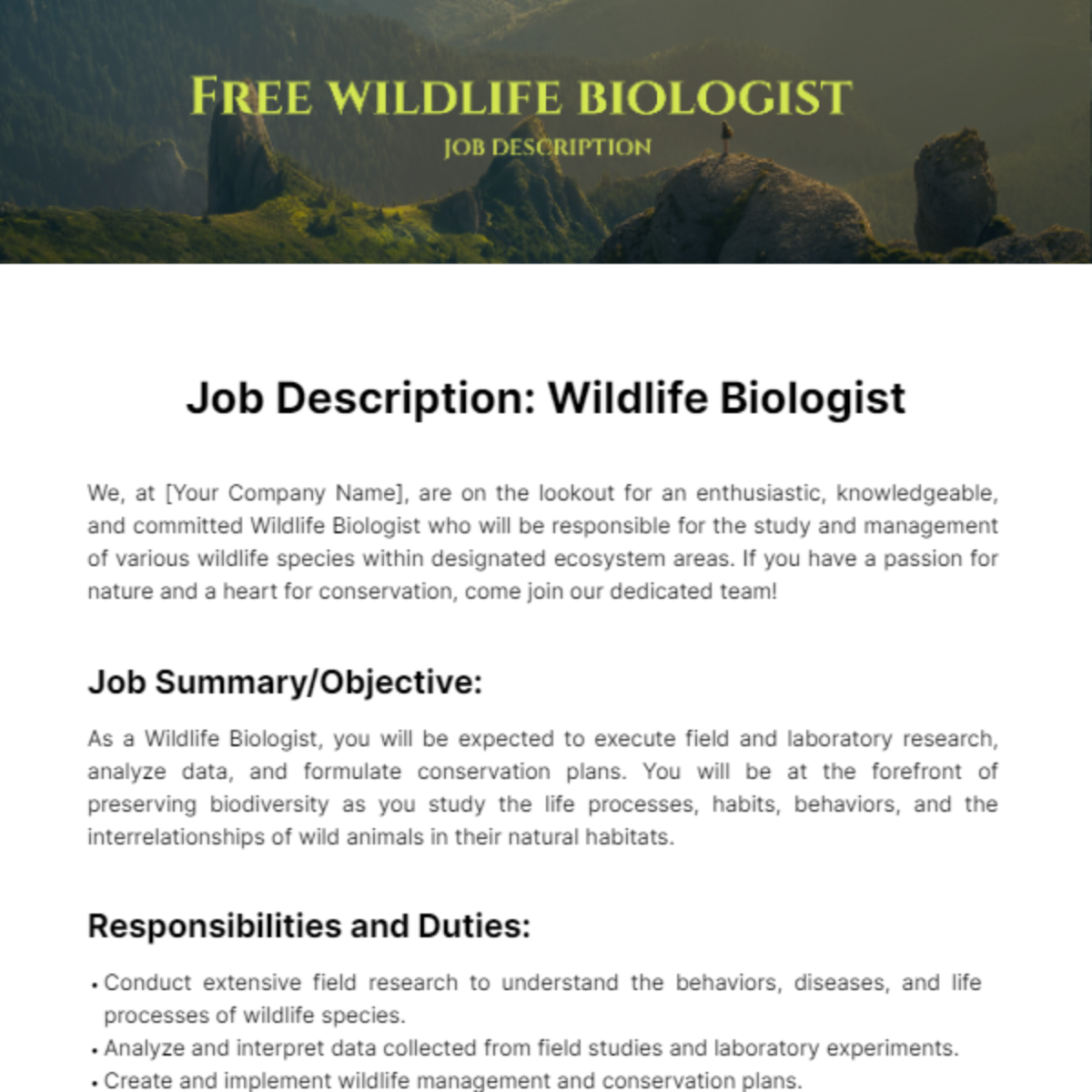 Free Wildlife Biologist Job Description Template