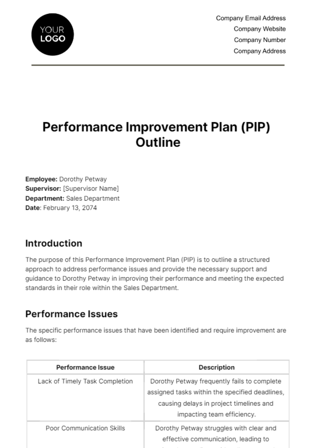 Free Performance Improvement Plan (PIP) Outline HR Template