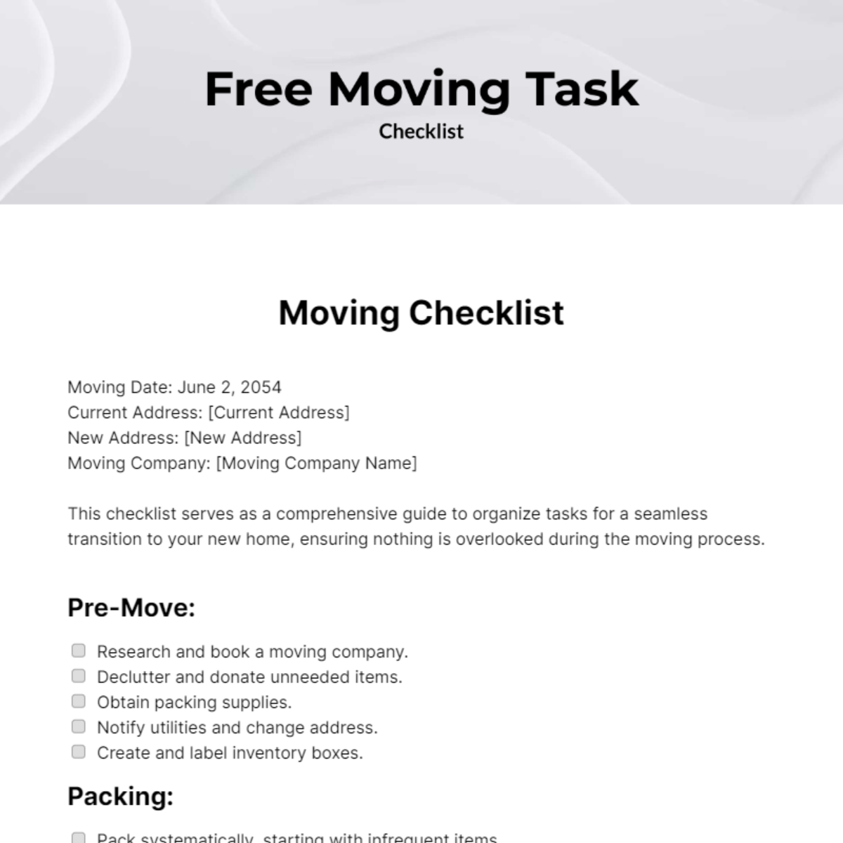 Moving Tasks Checklist Template