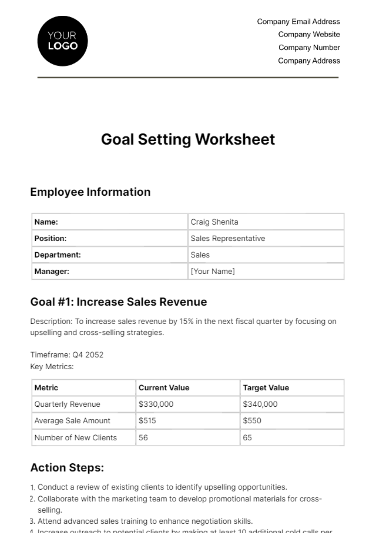 Goal Setting Worksheet HR Template