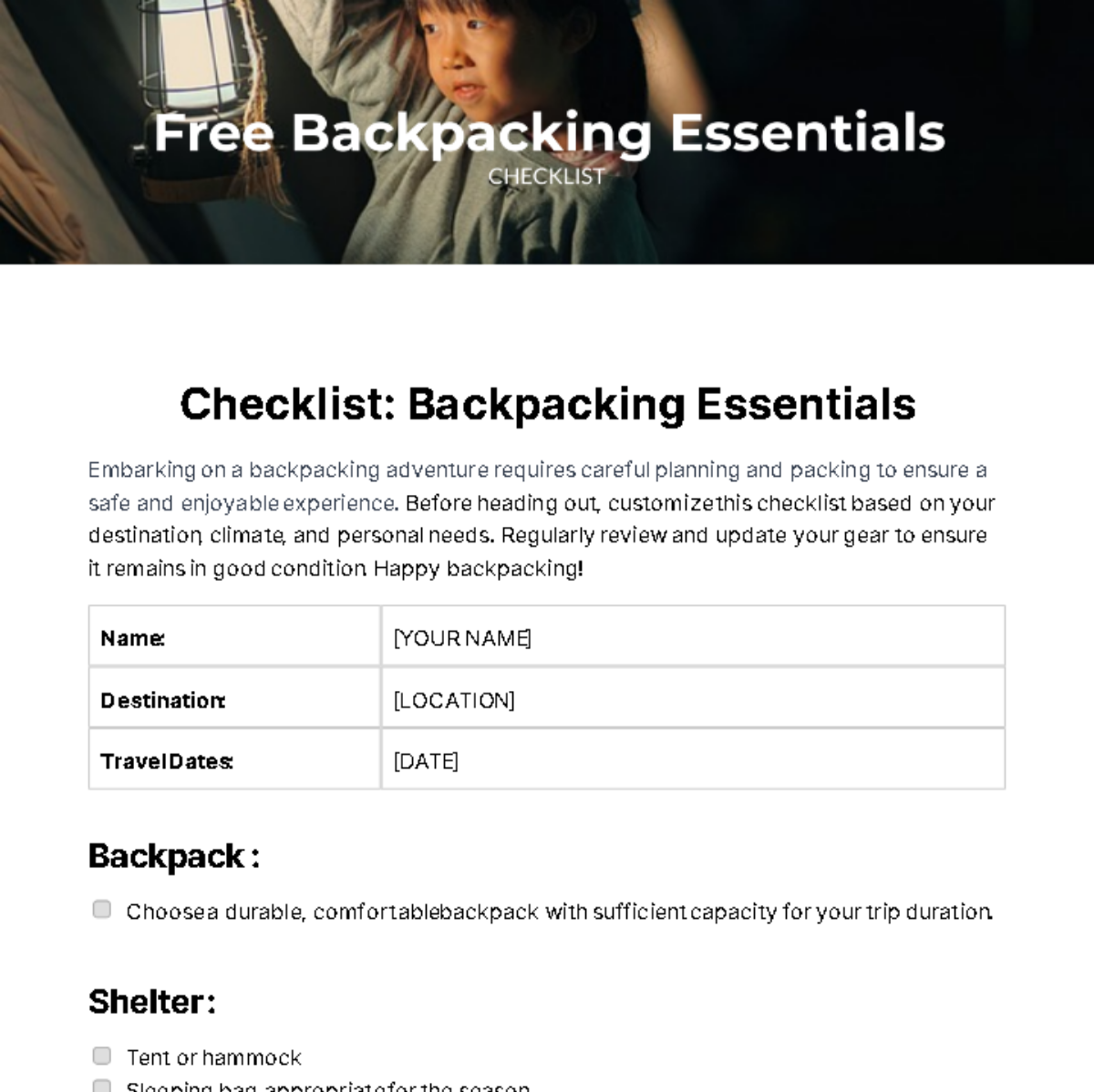Free Backpacking Essentials Checklist Template