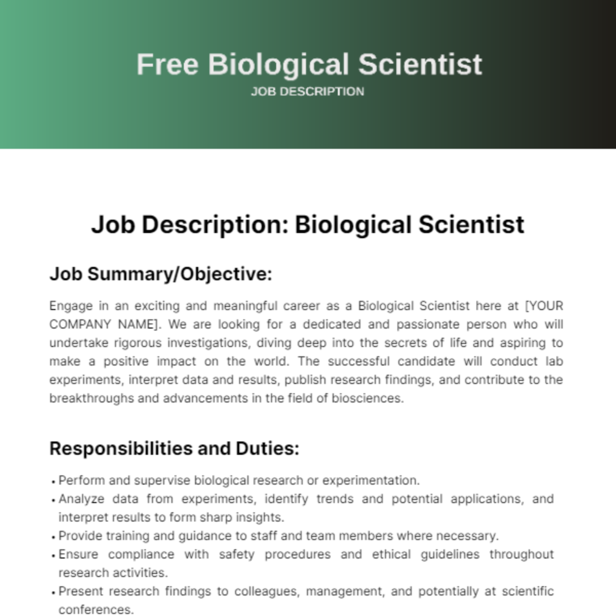 Free Biological Scientist Job Description Template