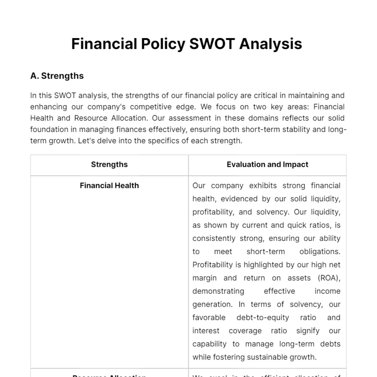 Financial Policy SWOT Analysis Template