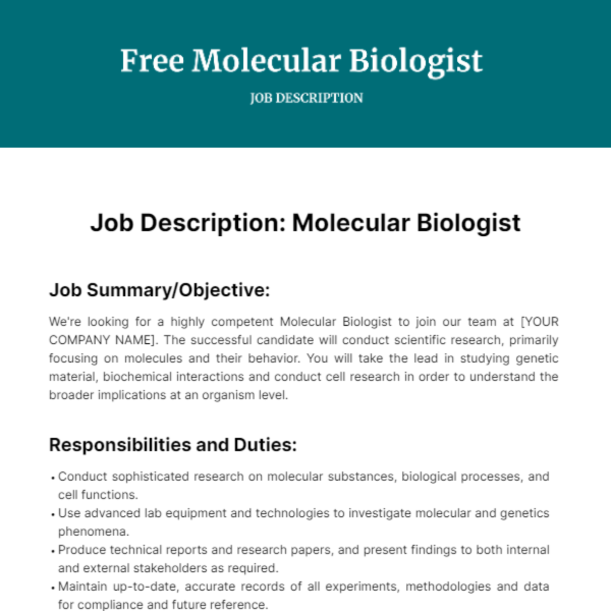 Free Molecular Biologist Job Description Template