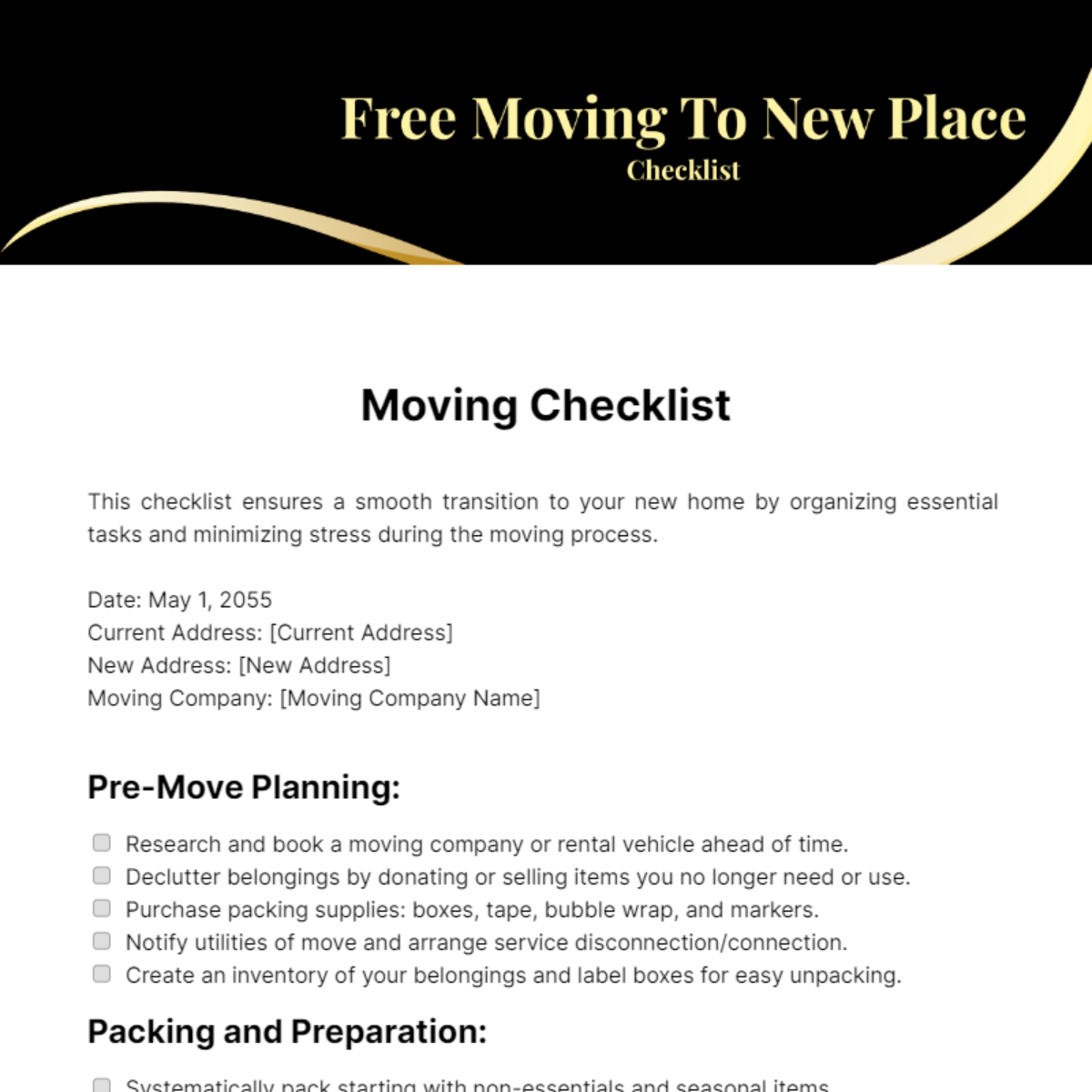 Free Moving To New Place Checklist Template