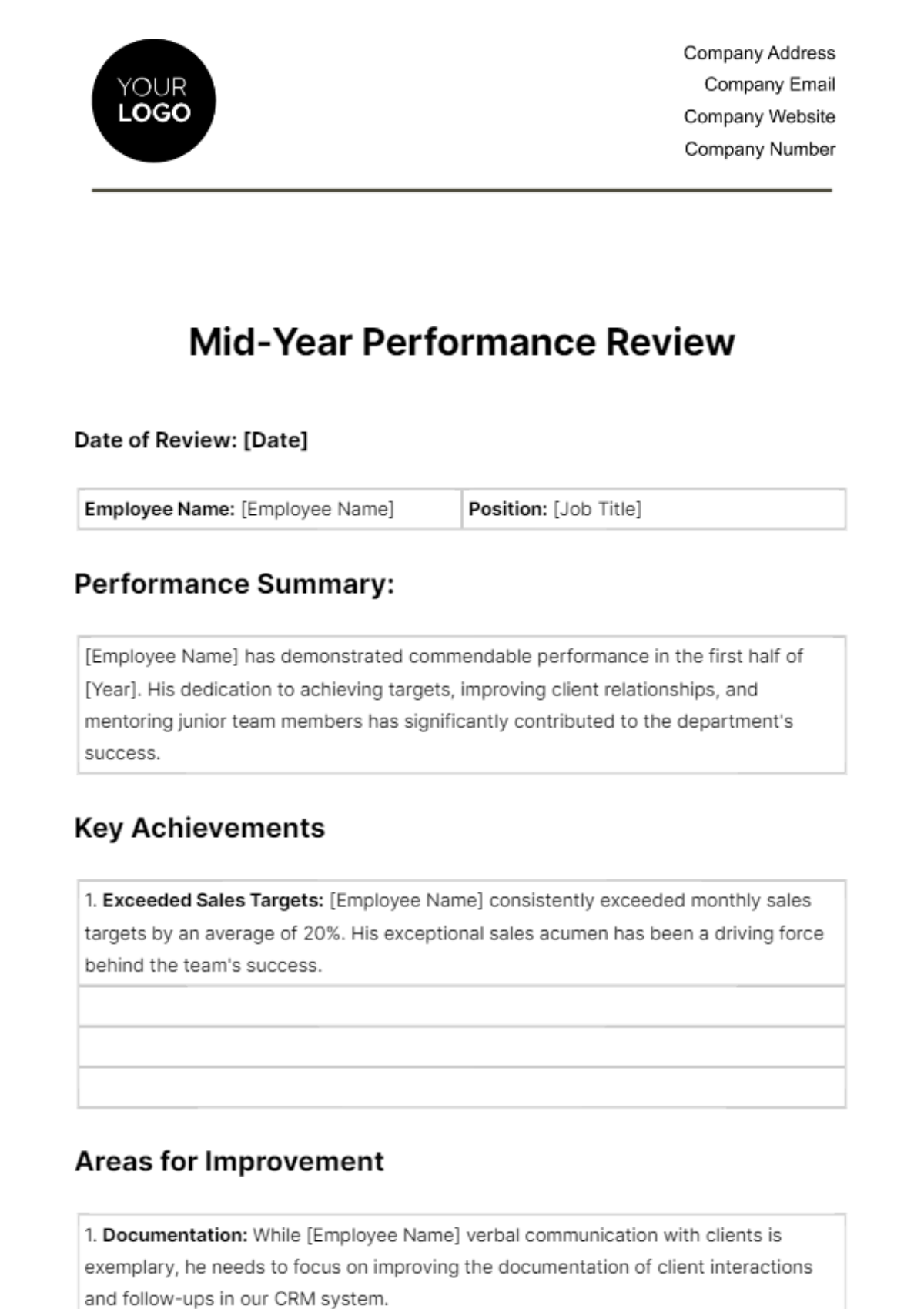 Mid-Year Performance Review HR Template