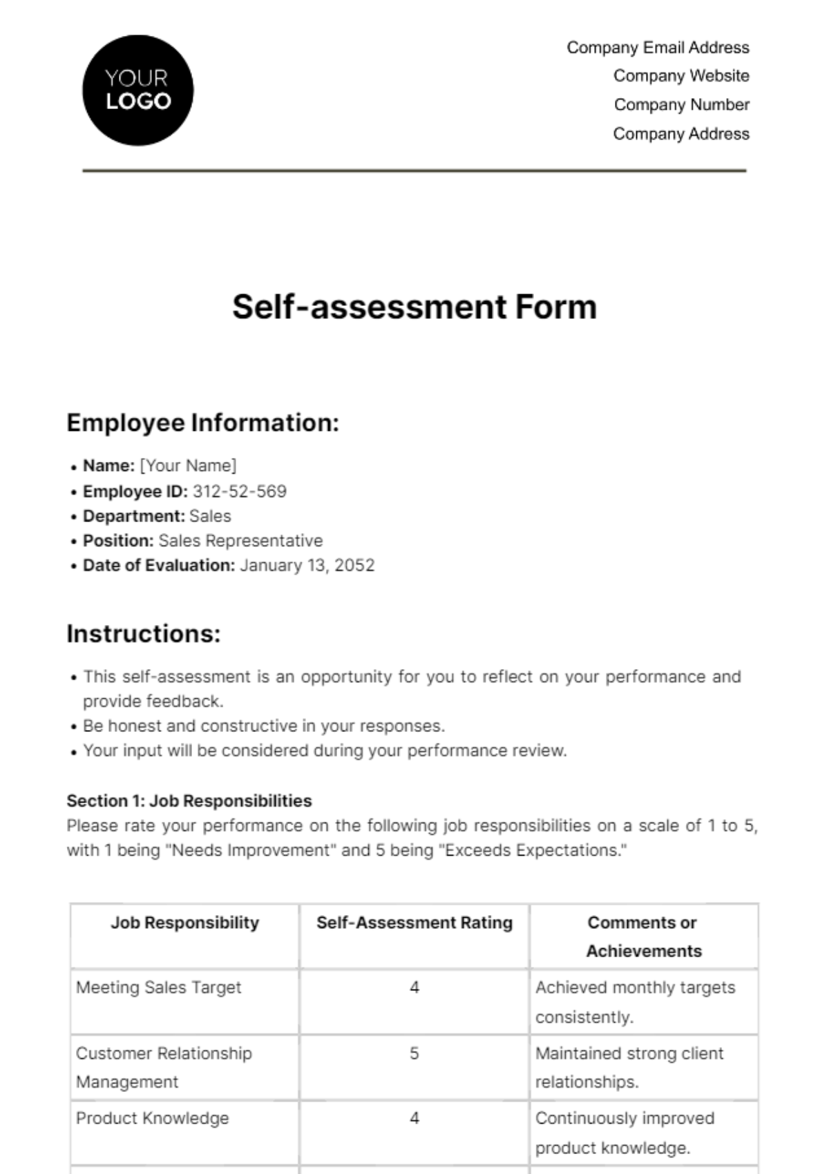 Self-assessment Form HR Template