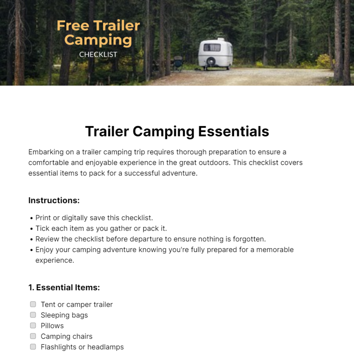 Trailer Camping Checklist Template