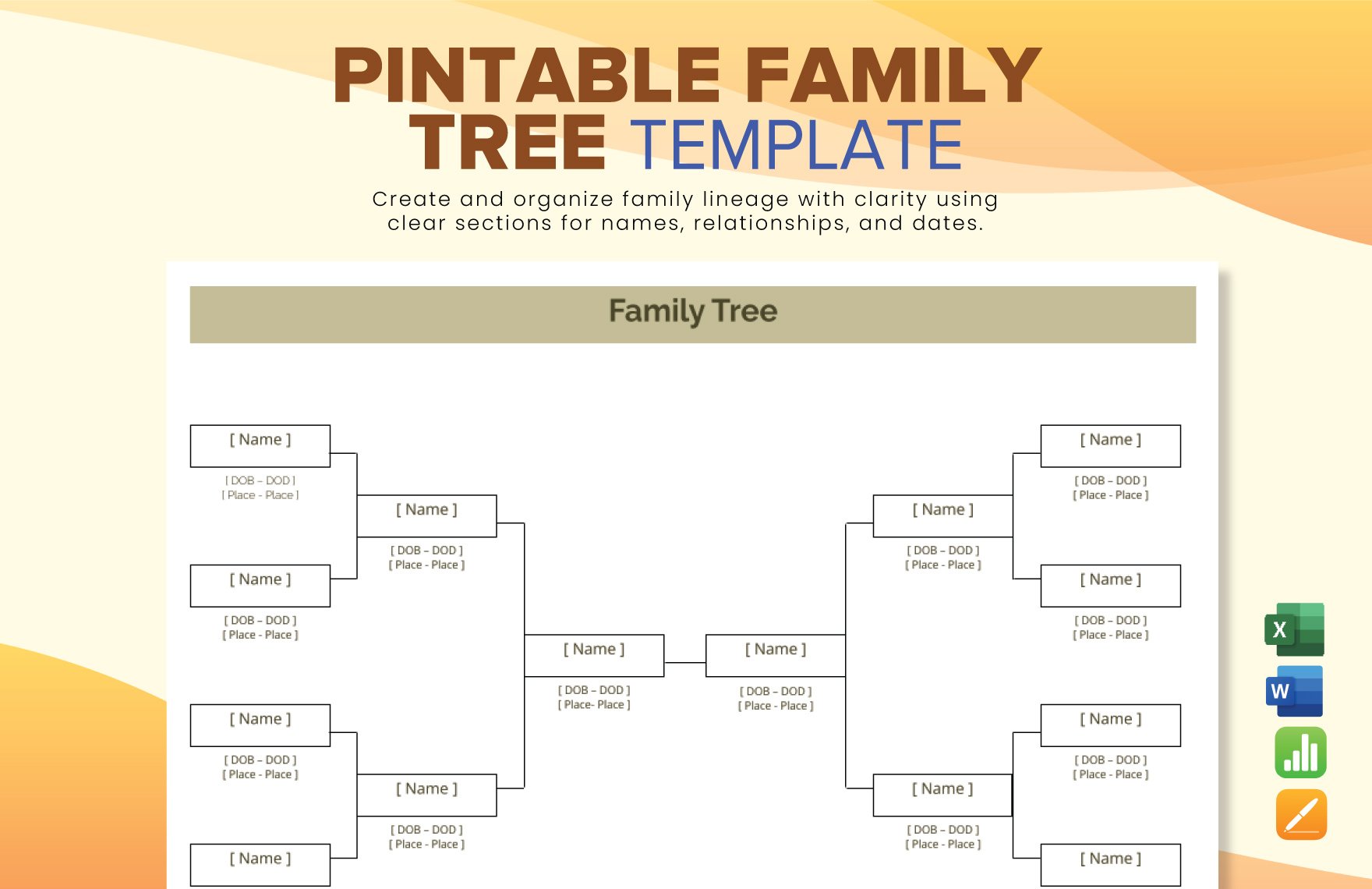 Pintable Family Tree Template in Word, Excel, Apple Pages, Apple Numbers