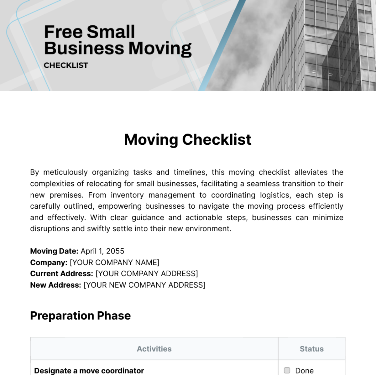 Small Business Moving Checklist Template