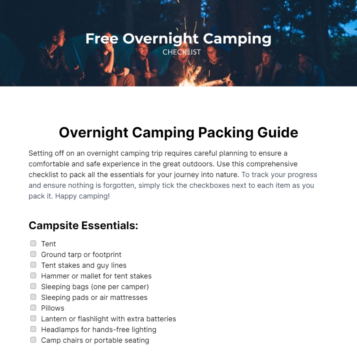 Free Overnight Camping Checklist Template