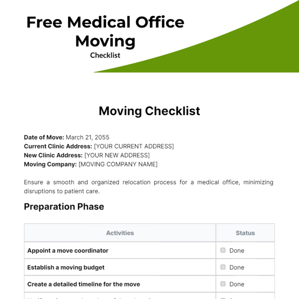 Medical Office Moving Checklist Template