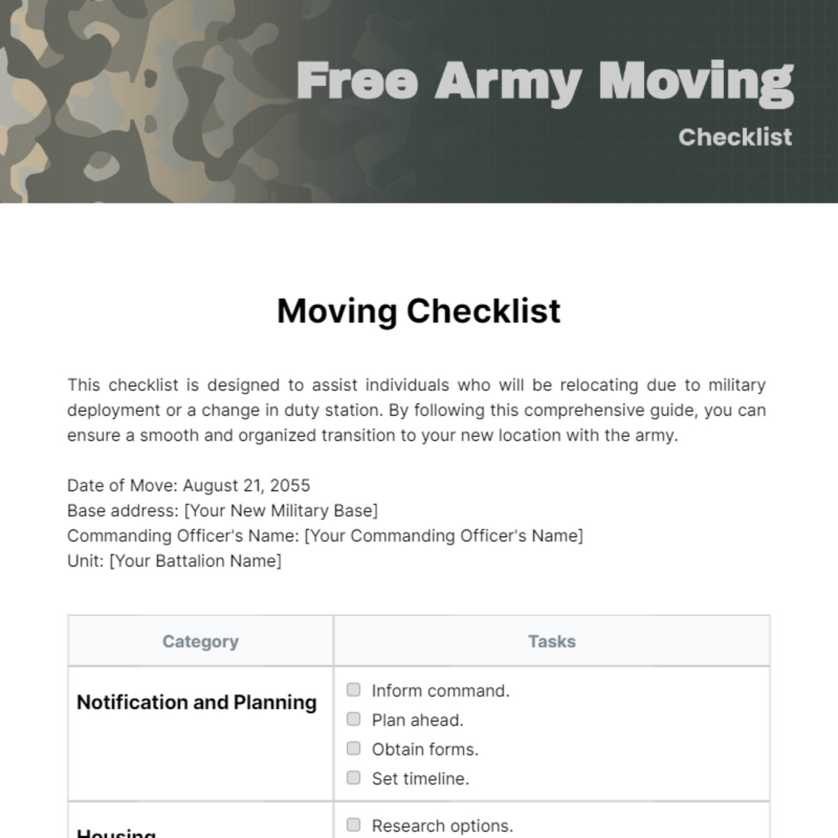 Free Army Moving Checklist Template