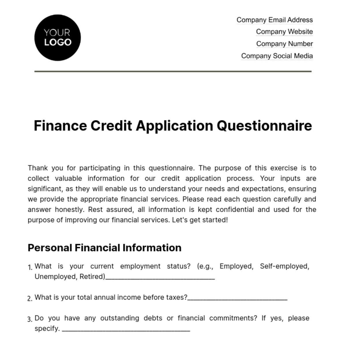Finance Credit Application Questionnaire Template