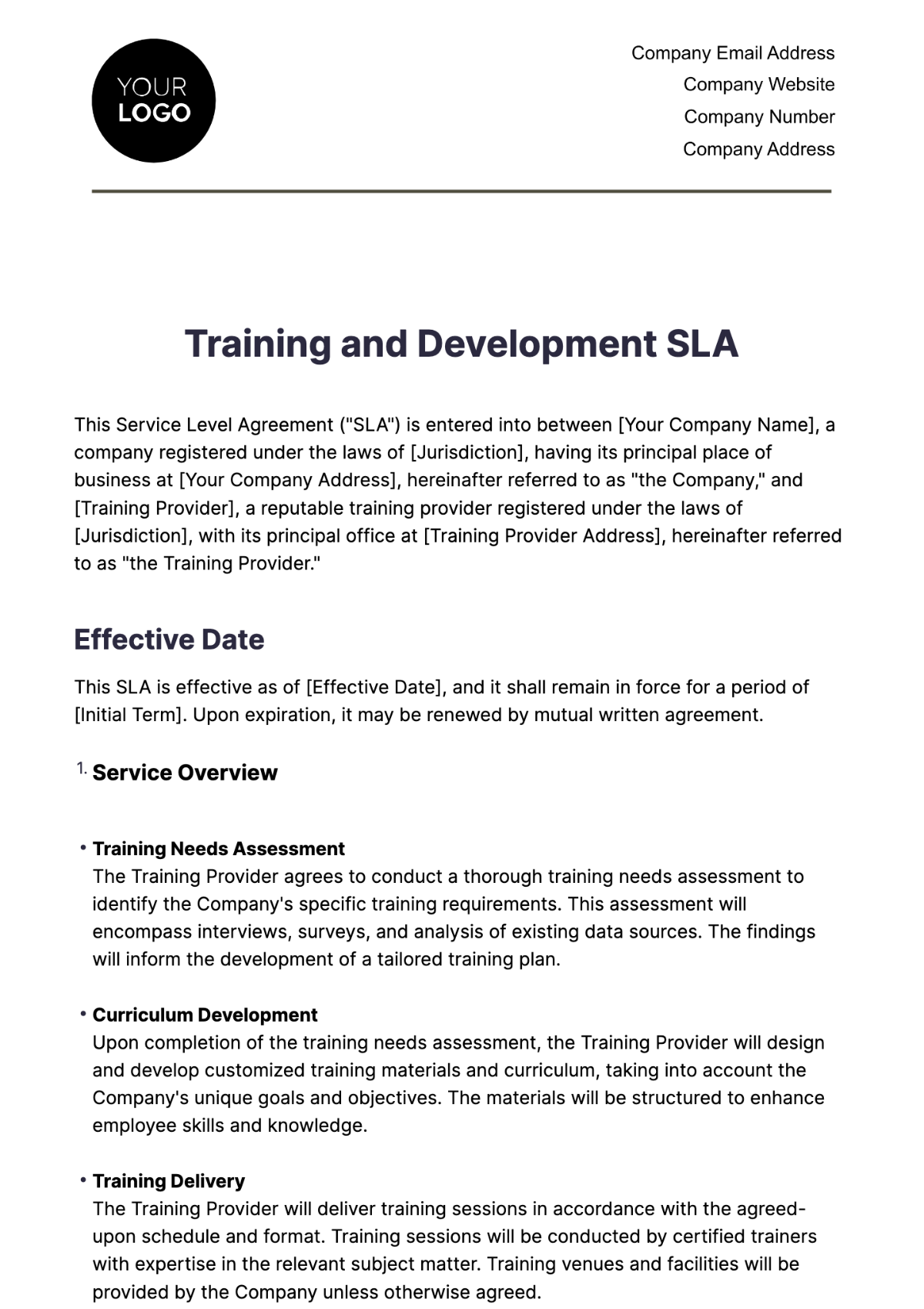 Training & Development SLA HR Template - Edit Online & Download