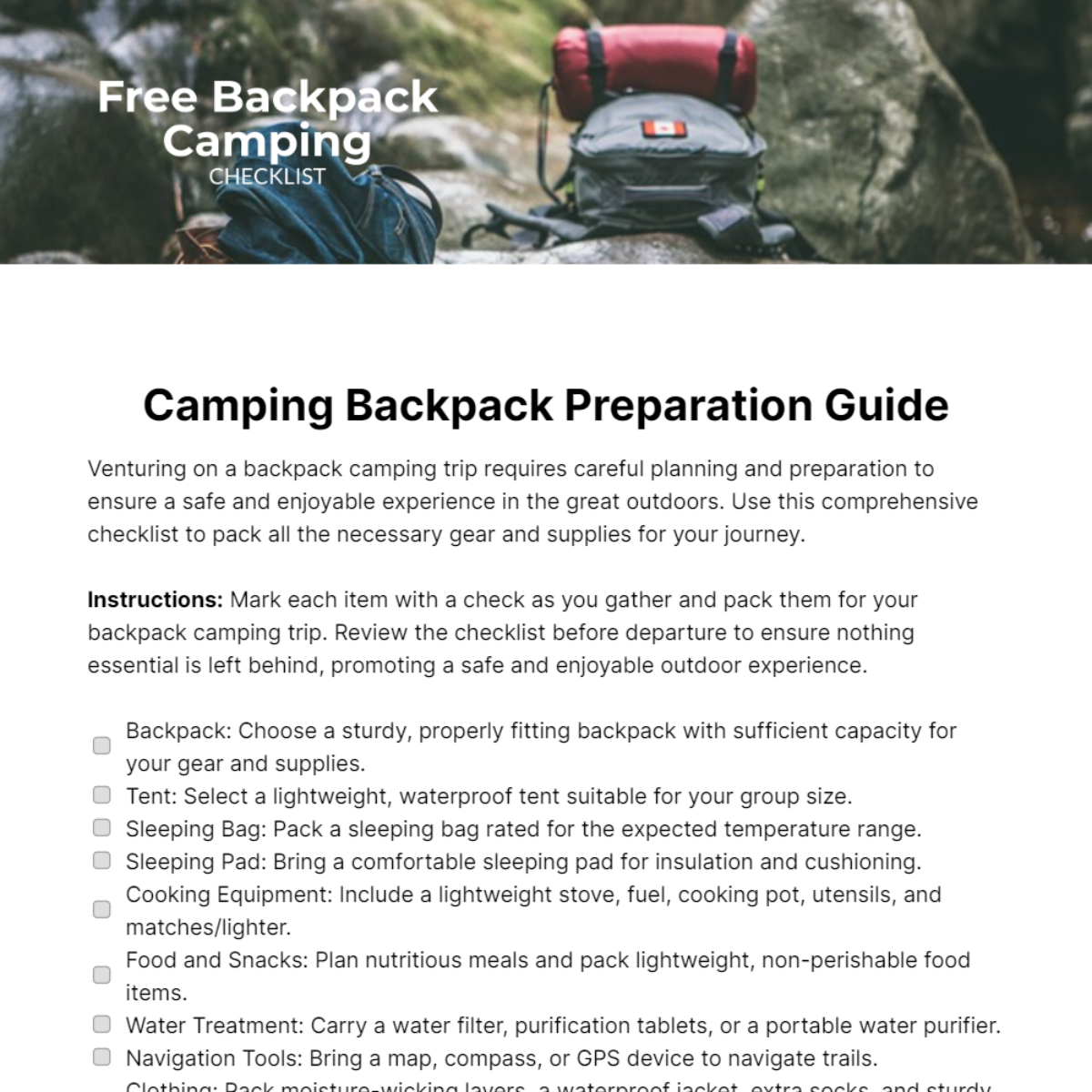 Free Backpack Camping Checklist Template
