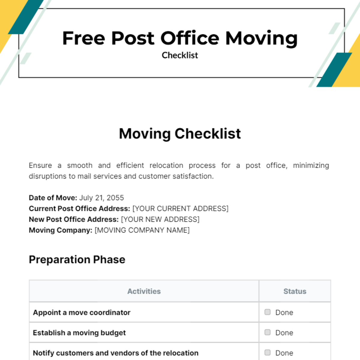 Post Office Moving Checklist Template