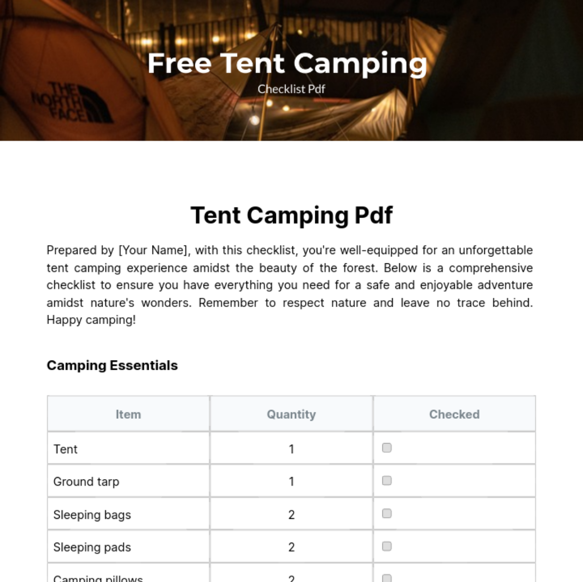 Free Tent Camping Checklist Pdf Template