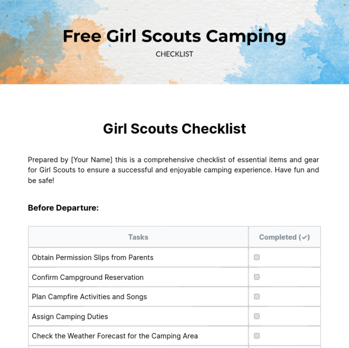 Girl Scouts Camping Checklist Template